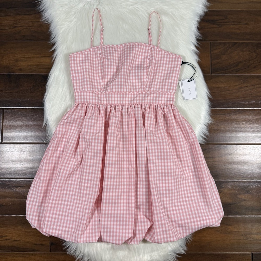 1.STATE Women's Size 6 Pink Gingham Spaghetti Strap Bubble Hem Mini Dress Plaid